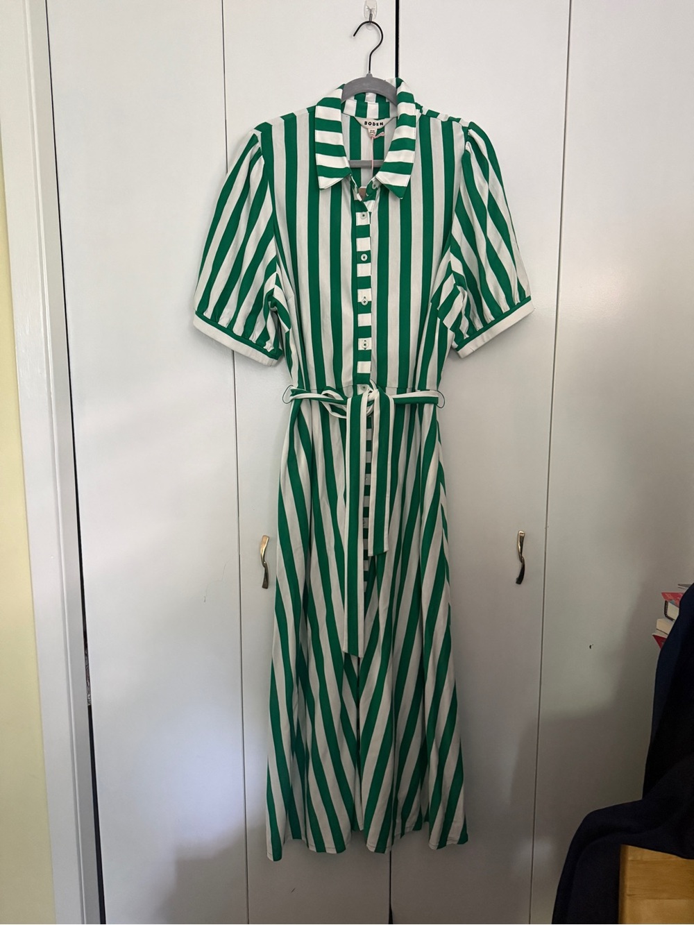 Boden Green and White Buttonfront Striped Maxi Shirt Dress